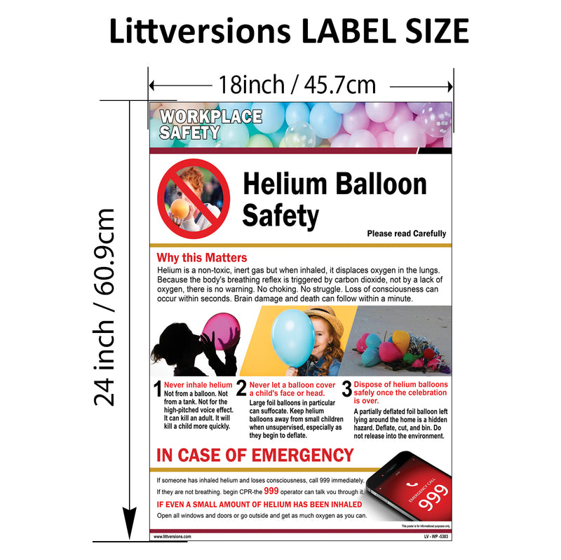 Workplace Safety Helium Balloon Warning Facility Safety Poster Label Sign Laminated Vinyl Waterproof, High-Visibility Decal Warehouses, Venues, Retail, and Commercial Buildings