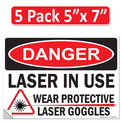 Danger Laser In Use Wear Protective Goggles Eyerwear OSHA WARNING Safety Hazard Label Sign Decal 6 mil Laminated Engineer Grade UV Protected ANSI NFPA Weather Resistant Indoor Outdoor