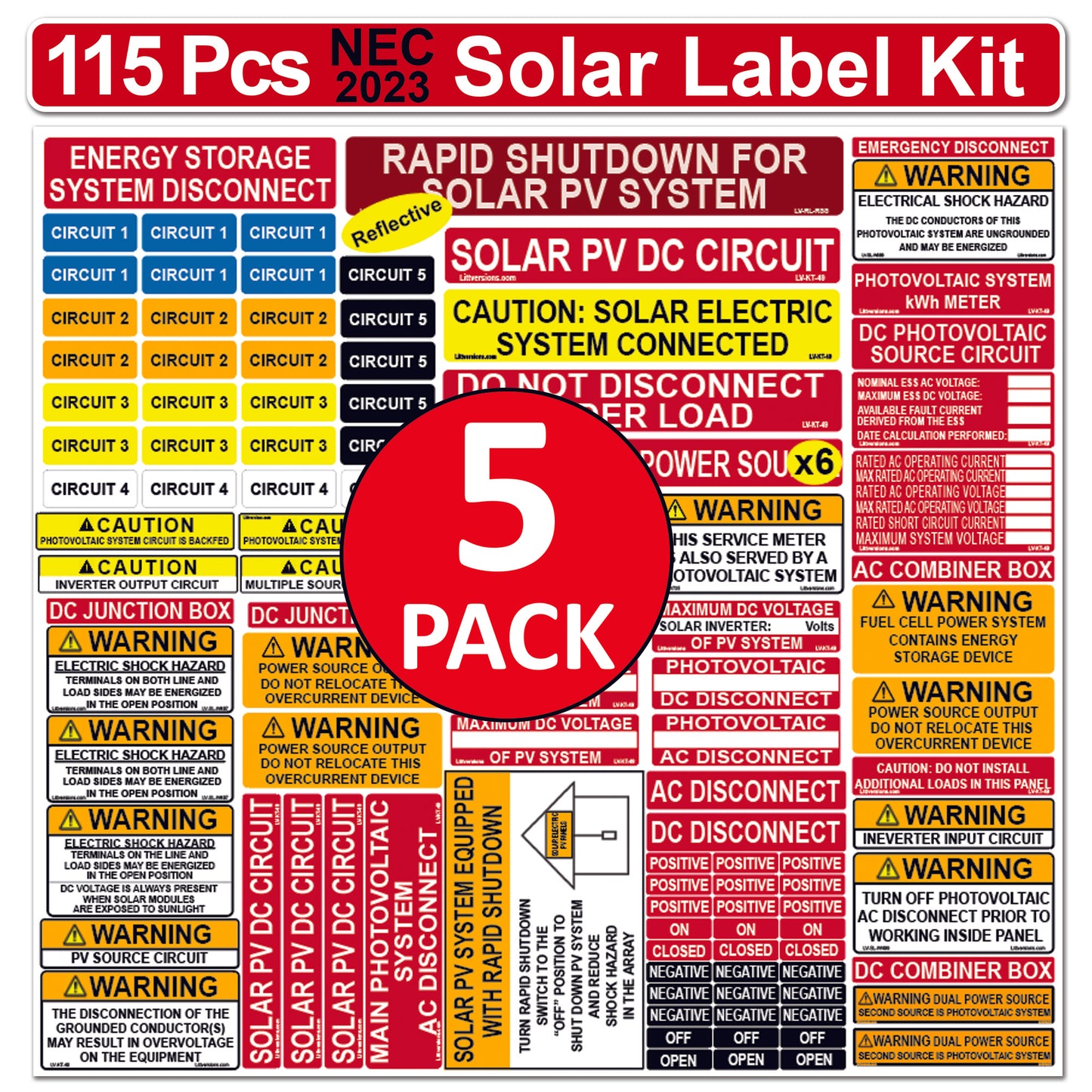 Ultimate 115 pack 2017/2020/2023 NEC Code Compliant Photovoltaic Solar System Label Kit Electrical Panel Safety Stickers Outdoor Rated Laminated Strong Adhesive Durable Waterproof