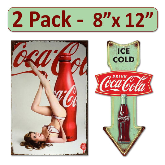 2 Pack 8"x12" Vintage Funny Bar Signs Vinyl Laminated Decals "Coca-Cola" Unique Gift Cola Lovers Home Bar Basement Garage ManCave Rustic Humor Décor Art Poster Pub Wall Art
