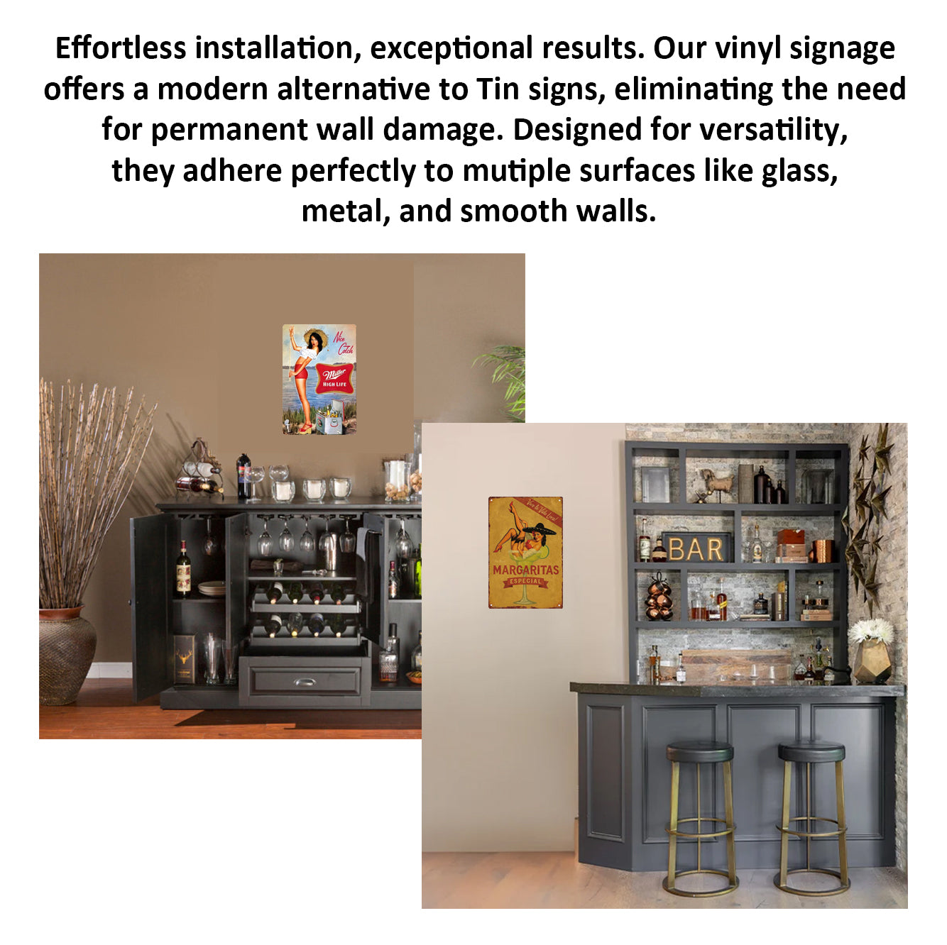 2 Pack  8"x12" Vintage Funny Bar Signs Vinyl Laminated Decals "Nice Catch" & "Margaritas Especial" Unique Gift Beer & Cocktail Lovers Home Bar Basement Garage Man Cave Rustic Art Poster Pub