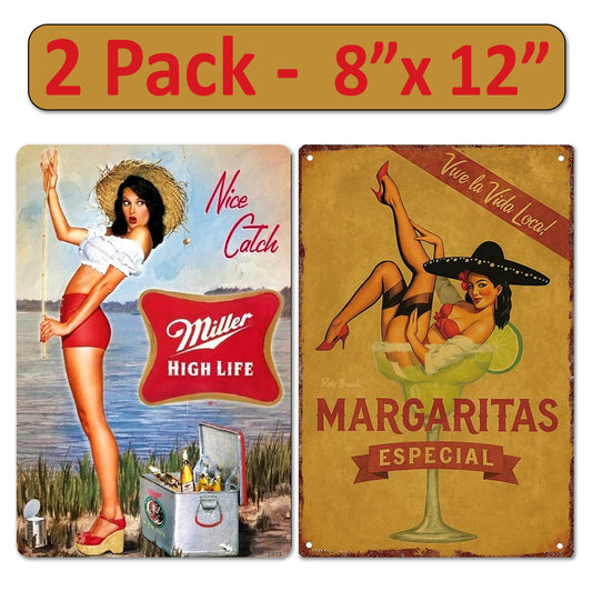 2 Pack  8"x12" Vintage Funny Bar Signs Vinyl Laminated Decals "Nice Catch" & "Margaritas Especial" Unique Gift Beer & Cocktail Lovers Home Bar Basement Garage Man Cave Rustic Art Poster Pub