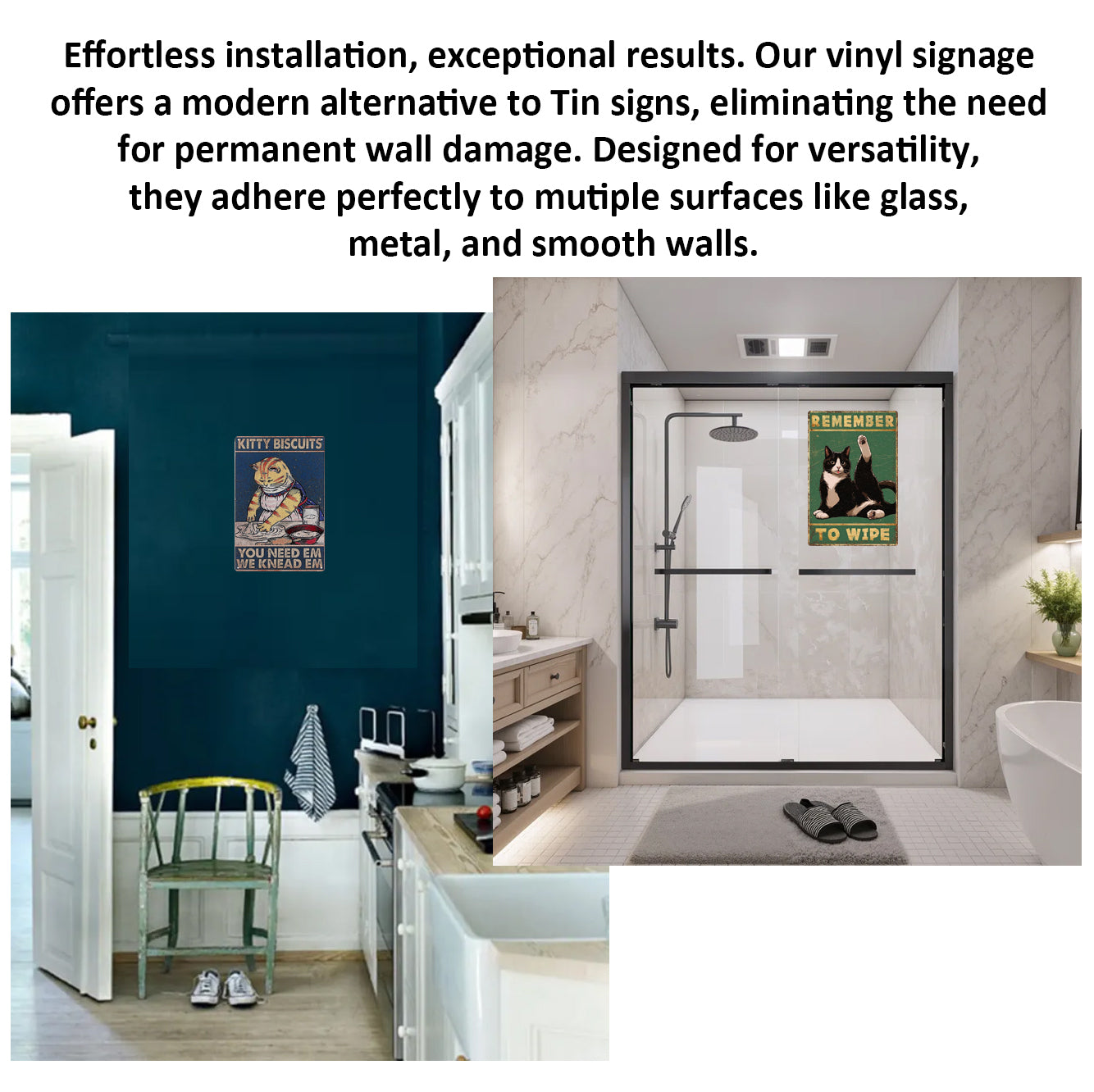 2 Pack  8"x12" Vintage Funny Home Signs Vinyl Laminated Decals "Kitty Biscuits" & "Remember to Wipe" Modern House Style Hilarious Humor Decor Home Kitchen Bathroom Poster Wall Art