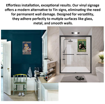 2 Pack  8"x12" Vintage Funny Home Signs Vinyl Laminated Decals "Kitty Biscuits" & "Remember to Wipe" Modern House Style Hilarious Humor Decor Home Kitchen Bathroom Poster Wall Art