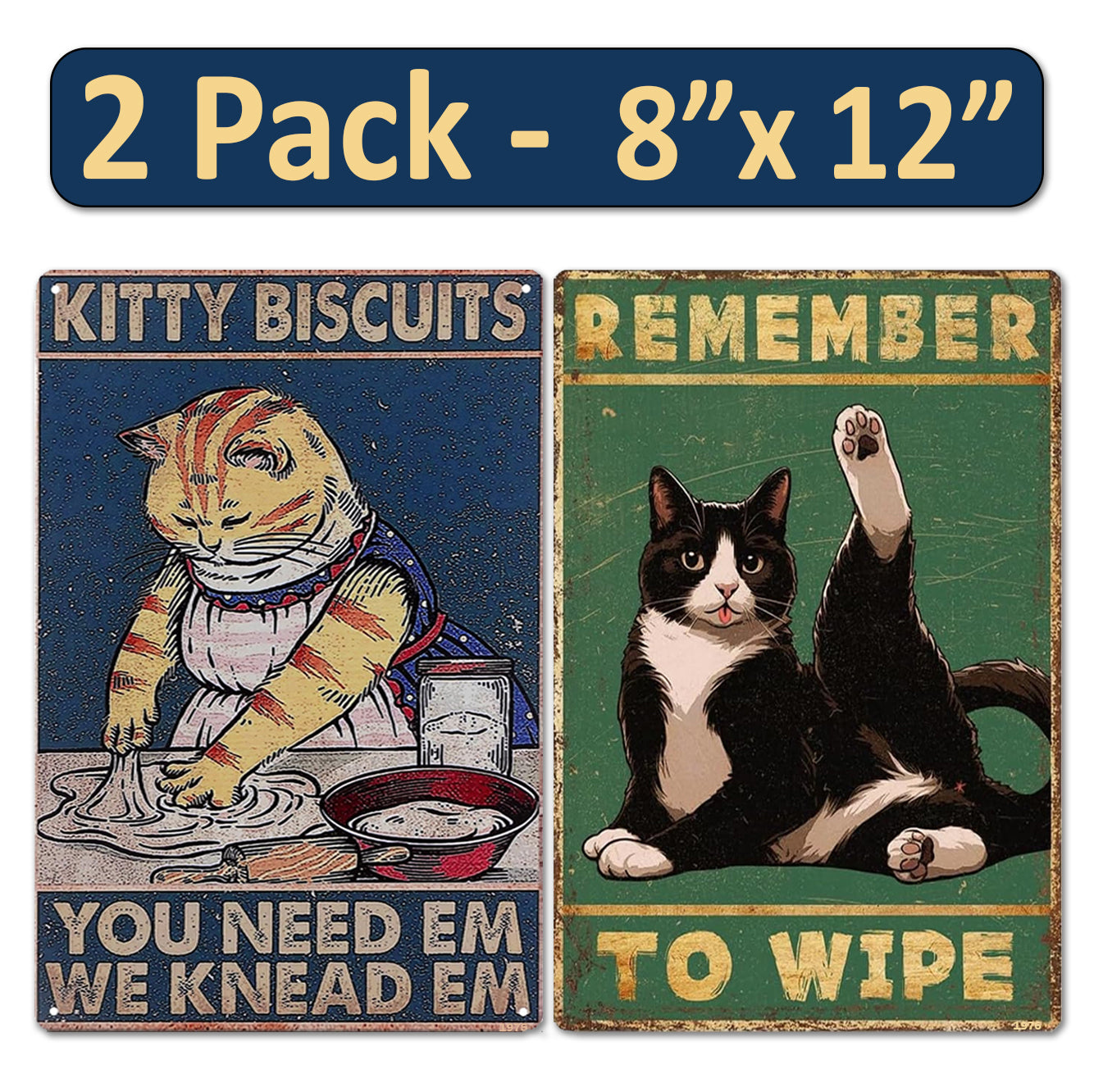 2 Pack  8"x12" Vintage Funny Home Signs Vinyl Laminated Decals "Kitty Biscuits" & "Remember to Wipe" Modern House Style Hilarious Humor Decor Home Kitchen Bathroom Poster Wall Art