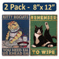 2 Pack  8"x12" Vintage Funny Home Signs Vinyl Laminated Decals "Kitty Biscuits" & "Remember to Wipe" Modern House Style Hilarious Humor Decor Home Kitchen Bathroom Poster Wall Art