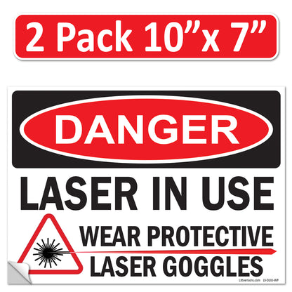 Danger Laser In Use Wear Protective Goggles Eyerwear OSHA WARNING Safety Hazard Label Sign Decal 6 mil Laminated Engineer Grade UV Protected ANSI NFPA Weather Resistant Indoor Outdoor
