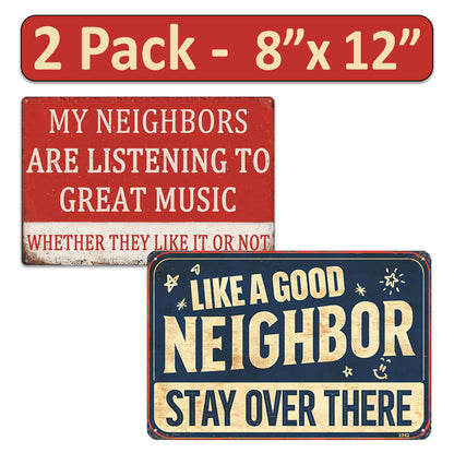 2 Pack  8"x12" Vintage Funny Neighbour Signs Vinyl Laminated Decals "Good Neighbor" & "My Neighbor" Unique Sarcastic Gift Homeowners Fence Home Yard Garden Garage ManCave Wall Art Rustic