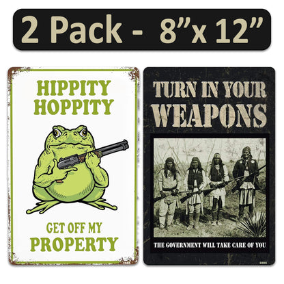 2 Pack  8"x12" Vintage Funny Gun Signs Vinyl Laminated Decals "Turn in Your Weapons" & "Hippty Hoppity Get of Property" Unique Gift Gun Lovers Home Garage ManCave Basement Bar Rustic Art