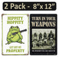 2 Pack  8"x12" Vintage Funny Gun Signs Vinyl Laminated Decals "Turn in Your Weapons" & "Hippty Hoppity Get of Property" Unique Gift Gun Lovers Home Garage ManCave Basement Bar Rustic Art