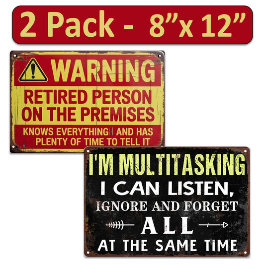 2 Pack  8"x12" Vintage Funny Retirement Sign Vinyl Laminated Decal "Retried Person" & "I'M Multitasking" Unique Retirement Gag Gift Men Women Home Garage Basement Office Workshop Rustic