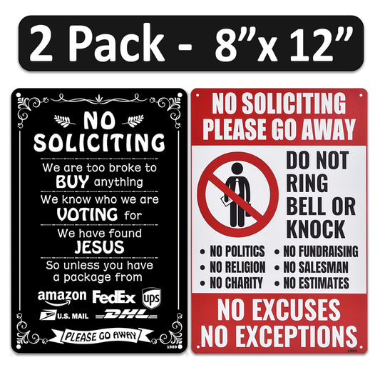 2 Pack  8"x12" Vintage Funny No Soliciting Sign Vinyl Laminated Decal "We're Voting for Jesus" & "Please go away" Humor Sign to Discourage Unwanted Visitors Home Garage Wall Outdoor Yard