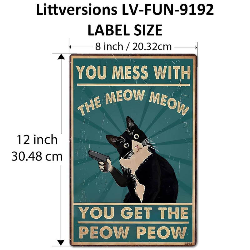 2 Pack  8"x12" Vintage Funny Cat Sign Vinyl Laminated Decal "Show Me Titos" & "Meow Meow" Unique Gift for Cat Lovers Home Garage Basement Bedroom Bar Rustic Look Wall Poster