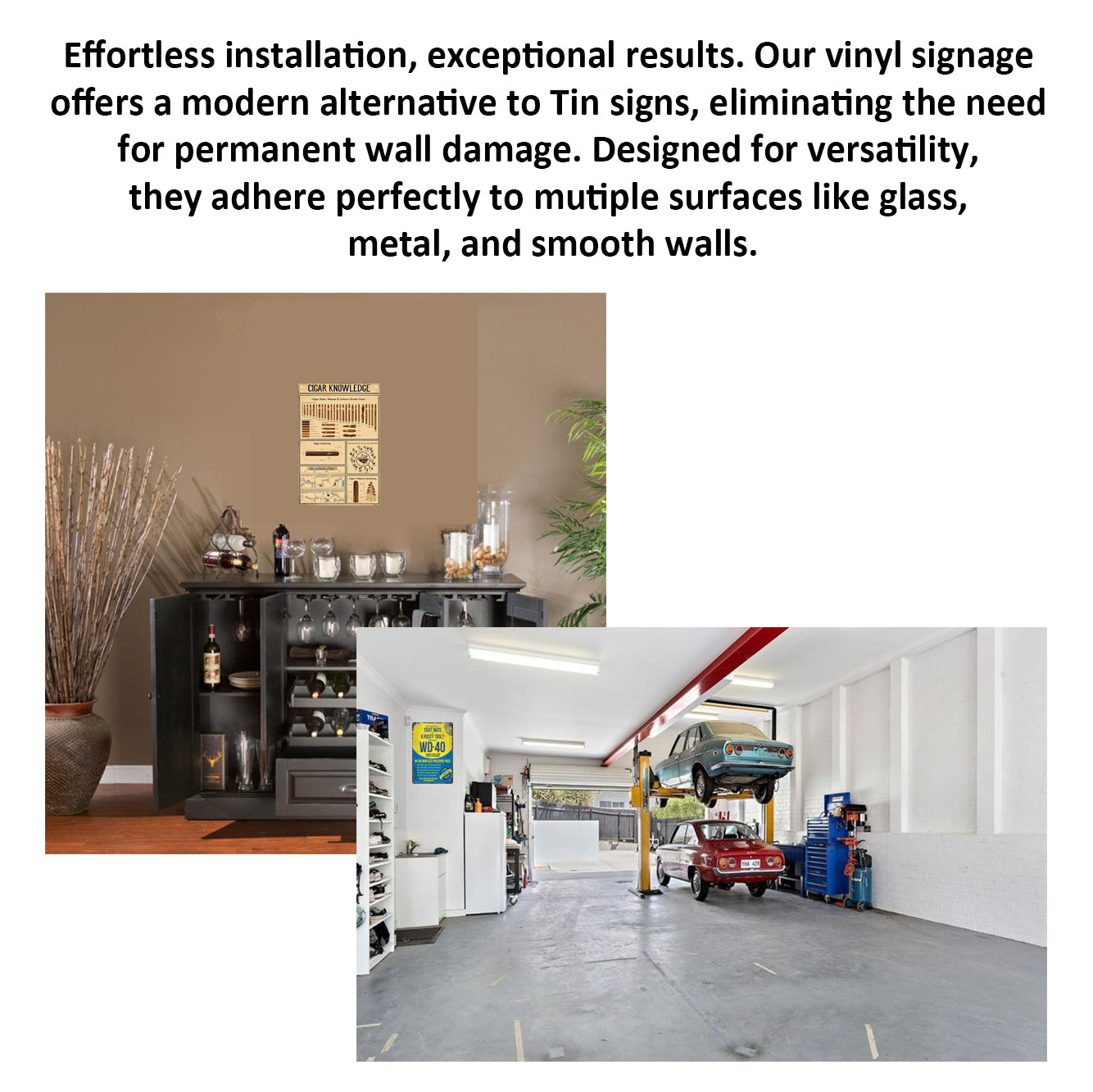 2 Pack  8"x12" Vintage Funny Bar & Workshop Sign Vinyl Laminated Decal "WD-40" & "Cigar Knowledge" Unique Gift for Home Mechanic Shop Garage Basement ManCave Bar Rustic Look Wall Poster