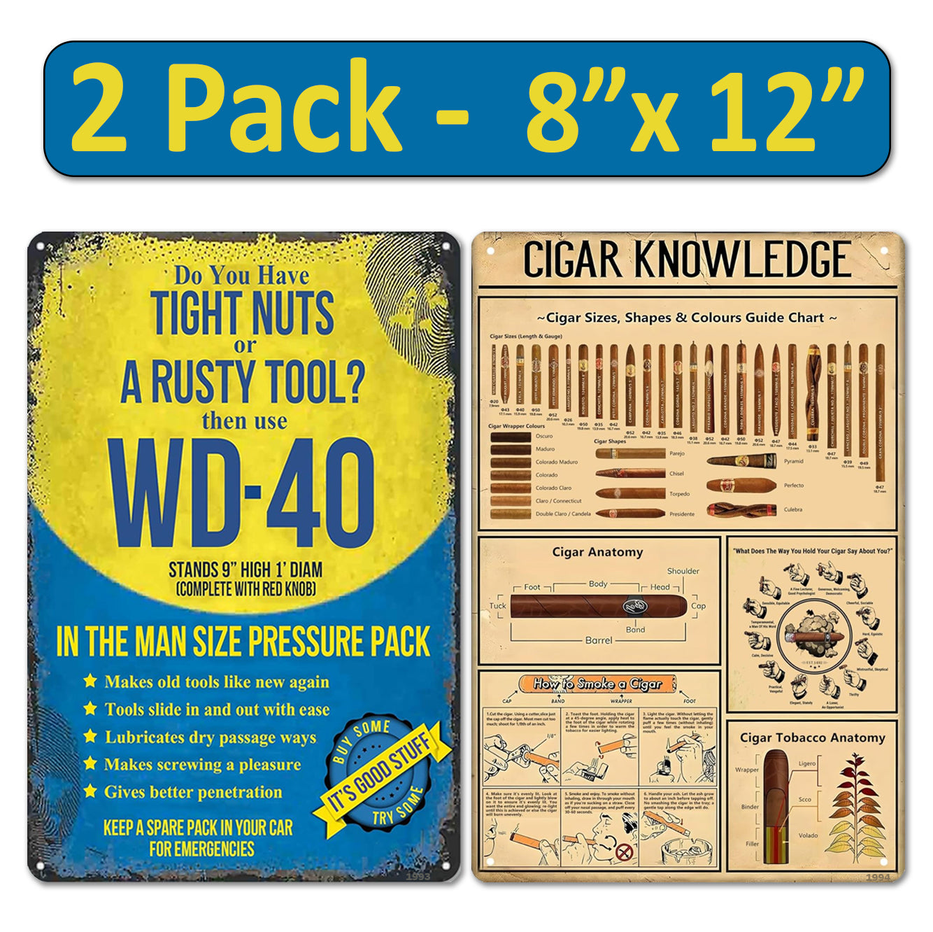 2 Pack  8"x12" Vintage Funny Bar & Workshop Sign Vinyl Laminated Decal "WD-40" & "Cigar Knowledge" Unique Gift for Home Mechanic Shop Garage Basement ManCave Bar Rustic Look Wall Poster