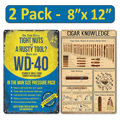 2 Pack  8"x12" Vintage Funny Bar & Workshop Sign Vinyl Laminated Decal "WD-40" & "Cigar Knowledge" Unique Gift for Home Mechanic Shop Garage Basement ManCave Bar Rustic Look Wall Poster