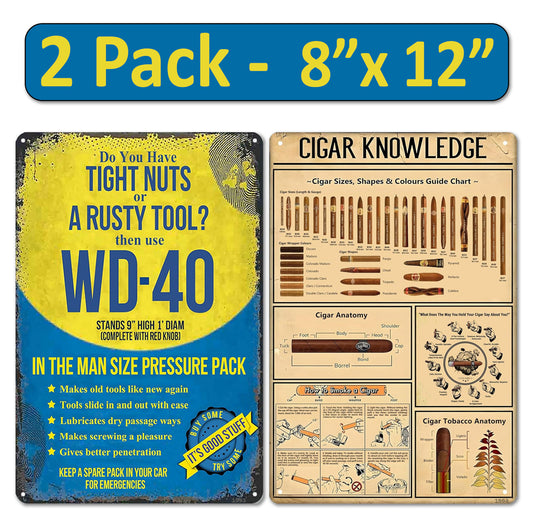 2 Pack  8"x12" Vintage Funny Bar & Workshop Sign Vinyl Laminated Decal "WD-40" & "Cigar Knowledge" Unique Gift for Home Mechanic Shop Garage Basement ManCave Bar Rustic Look Wall Poster