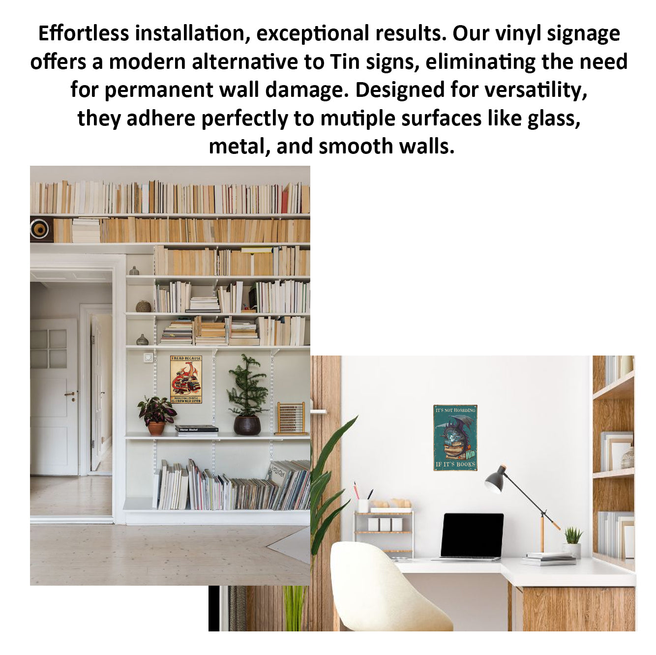 2 Pack  8"x12" Vintage Funny Study Room Sign Vinyl Laminated Decal "Its Not Hoarding" & "I Read Becasue" Unique Gift for Book Lovers Home Cafe Bedroom Library Bookshelf Wall Poster
