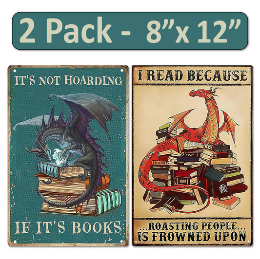 2 Pack  8"x12" Vintage Funny Study Room Sign Vinyl Laminated Decal "Its Not Hoarding" & "I Read Becasue" Unique Gift for Book Lovers Home Cafe Bedroom Library Bookshelf Wall Poster