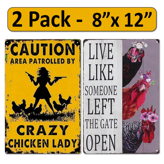 2 Pack  8"x12" Vintage Funny Chicken Sign Vinyl Laminated Decal "Crazy Chicken Lady" & "Live Like Someone" Unique Gift for Chicken/Farm Lovers Home Chicken Coop Farmhouse Kitchen