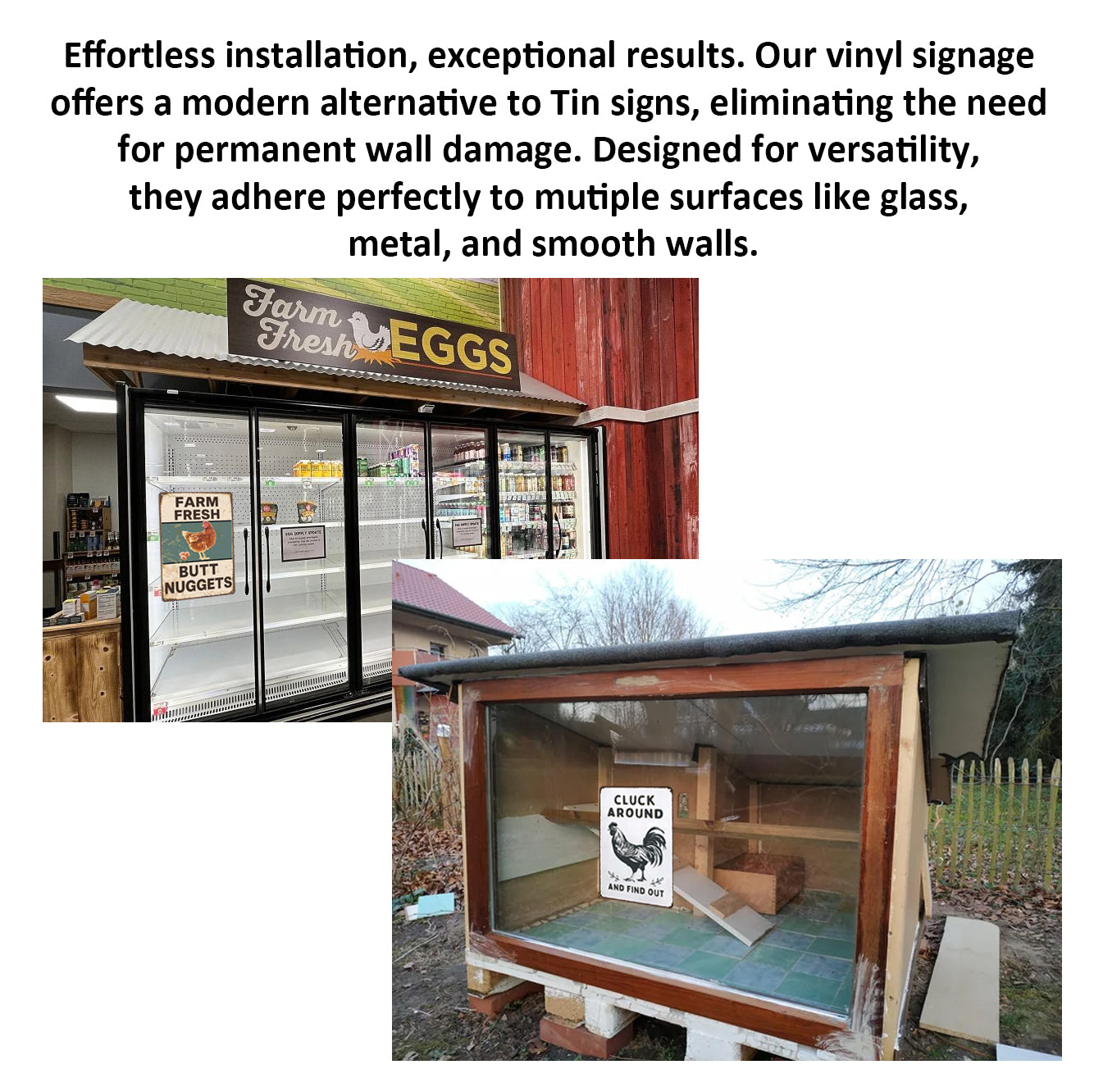 2 Pack  8"x12" Vintage Funny Chicken Sign Vinyl Laminated Decal "Cluck Around" & "Fram Fresh" Unique Gift for Chicken/Farm Lovers Home Chicken Coop Farmhouse Farmstore Kitchen Garden