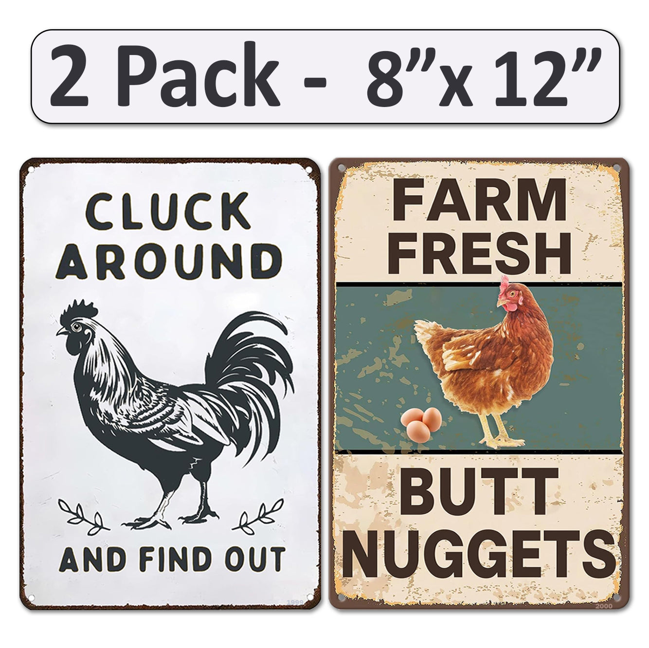 2 Pack  8"x12" Vintage Funny Chicken Sign Vinyl Laminated Decal "Cluck Around" & "Fram Fresh" Unique Gift for Chicken/Farm Lovers Home Chicken Coop Farmhouse Farmstore Kitchen Garden
