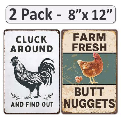 2 Pack  8"x12" Vintage Funny Chicken Sign Vinyl Laminated Decal "Cluck Around" & "Fram Fresh" Unique Gift for Chicken/Farm Lovers Home Chicken Coop Farmhouse Farmstore Kitchen Garden