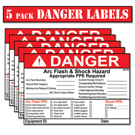 Littversions 5 Pack 4" x 6" Danger Arc Flash Boundary Arc Flash PPE Category Minimum Arc Rating Of Clothing VAC Shock Labels 121077 121078 122977 122978 Sticker Decal Vinyl