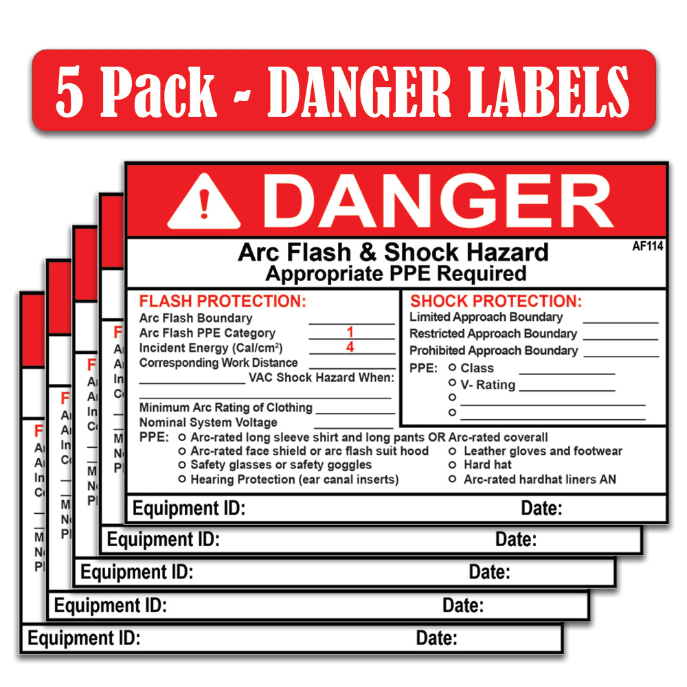 Littversions 5 Pack 5" x 7" Danger Flash Shock Protection Arc Flash Boundary Arc Flash PPE Category 1 Labels 121085 121086 121097 121098 121107 121108 Sticker Decal Vinyl