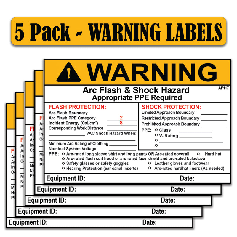 Littversions 5 Pack 5" x 7" Warning Flash Shock Protection Arc Flash Boundary Arc Flash PPE Category 2 Labels 121087 121088 121109 121110 121089 121099 Sticker Decal Vinyl
