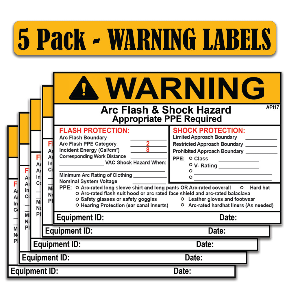 Littversions 5 Pack 4" x 6" Warning Flash Shock Protection Arc Flash Boundary Arc Flash PPE Category 2 Labels 121087 121088 121109 121110 121089 121099 Sticker Decal Vinyl