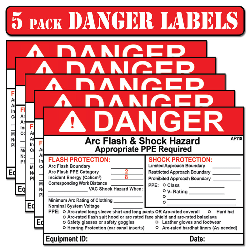 Littversions 5 Pack 5" x 7" Danger Flash Shock Protection Arc Flash Boundary Arc Flash PPE Category 2 Labels 121087 121088 121109 121110 121089 121099 Sticker Decal Vinyl