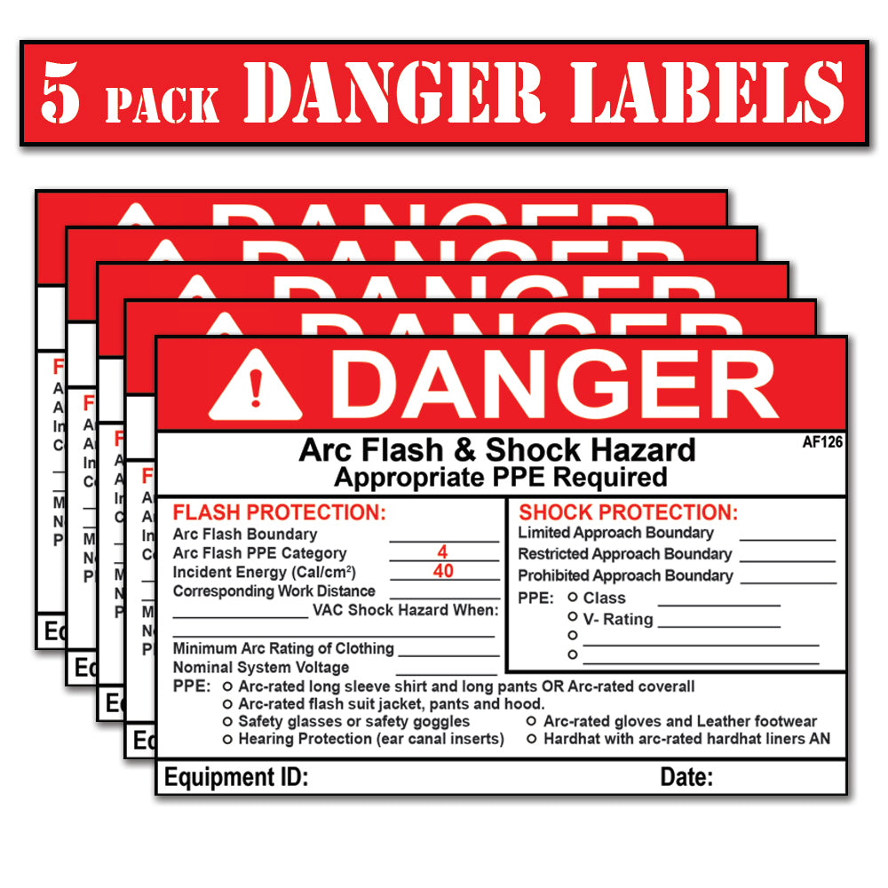 Littversions 5 Pack 5" x 7" Danger Flash Shock Protection Arc Flash Boundary Arc Flash PPE Category 4 Labels 121093 121094 122976 121107 121103 121104 Sticker Decal Vinyl