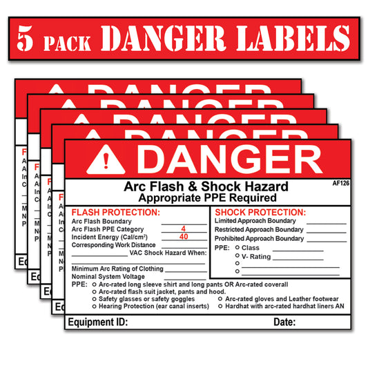 Littversions 5 Pack 5" x 7" Danger Flash Shock Protection Arc Flash Boundary Arc Flash PPE Category 4 Labels 121093 121094 122976 121107 121103 121104 Sticker Decal Vinyl