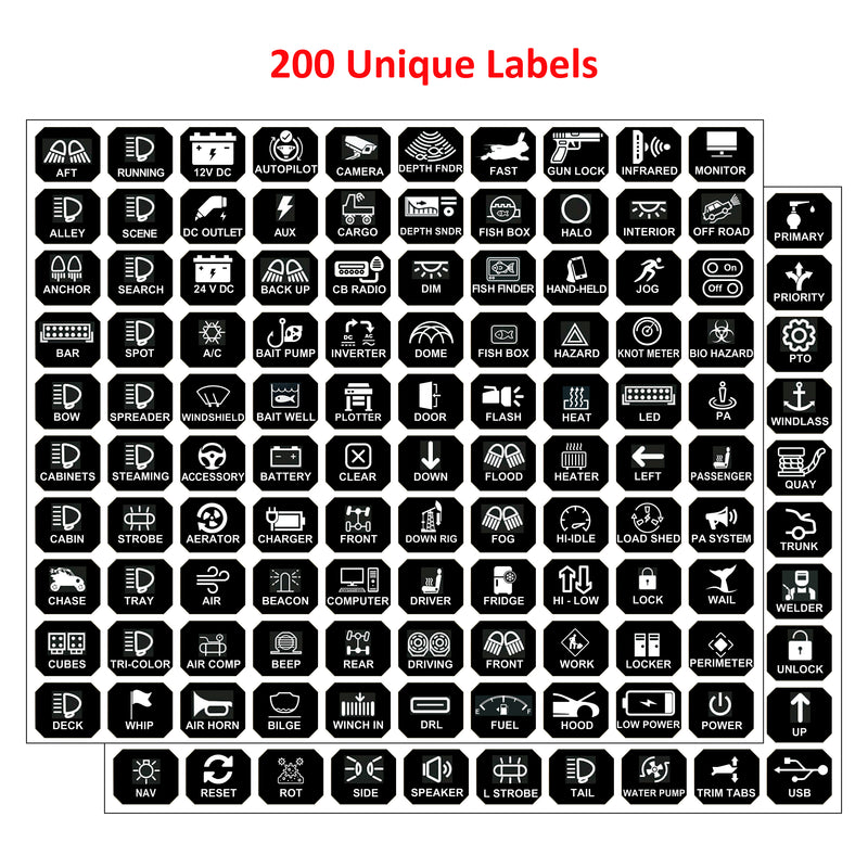 200 Pcs Horizontal AC DC 6/8/12 Gang Switch Control Panel Stickers Labels Vinyl Marine Boat Car Truck RV ATV Camper BA80 GA80 BB80 GB80 BC60 GC60 AR800 AR-820 RC800 RA80 X2