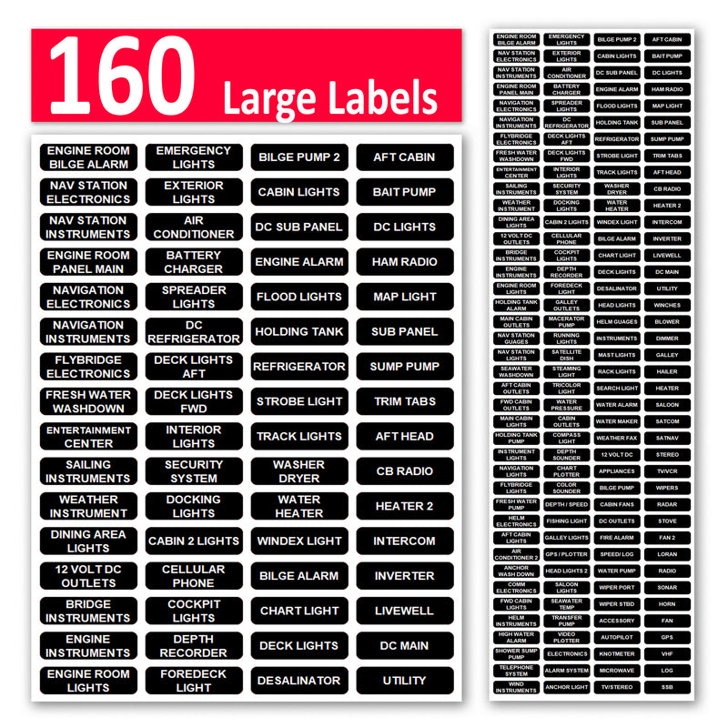 160 Pcs English Large Marine Extended AC DC Circuit Battery Panels Directory Switch Labels Car Auto Truck RV Camper Replacement for Blue Sea 8030 8031 8039 8067