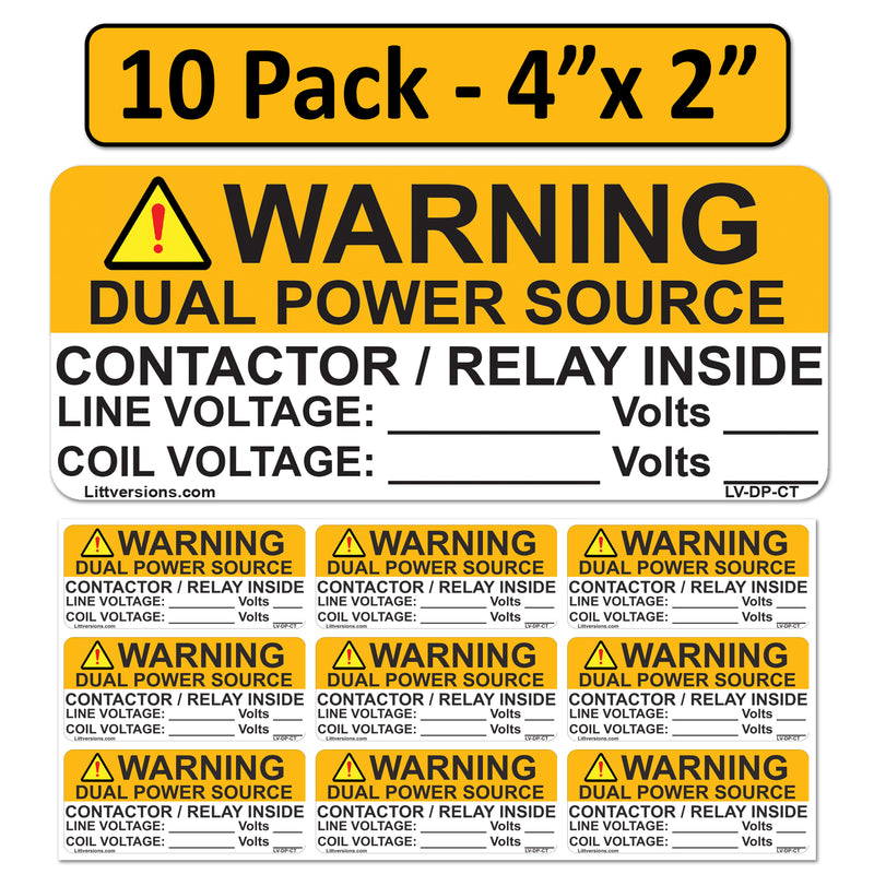 10 Pack 4"x1.75" Heavy Duty Pressure Sensitive Warning Dual Power Source Contactor/Relay Inside Label Sticker Vinyl Waterproof Ultra Durable