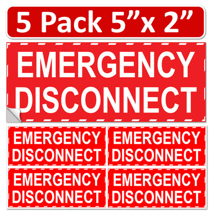 5 Pack 5"x 2" NEC Compliant RED Emergency Disconnect Outdoor Laminated Labels Decal Sticker Panel Heavy Duty Vinyl Waterproof Ultra Durable Electrical