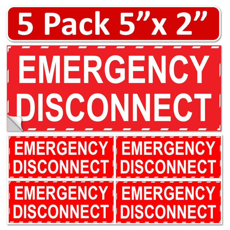 5 Pack 5"x 2" NEC Compliant RED Emergency Disconnect Outdoor Laminated Labels Decal Sticker Panel Heavy Duty Vinyl Waterproof Ultra Durable Electrical