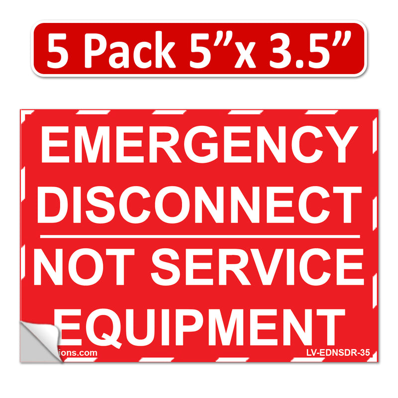 5 Pack 5"x 3.5" NEC compliant RED Emergency Disconnect NOT Service Equipment Outdoor Laminated Labels Danger Sticker Panel Heavy Duty Vinyl Waterproof Ultra Durable Electrical