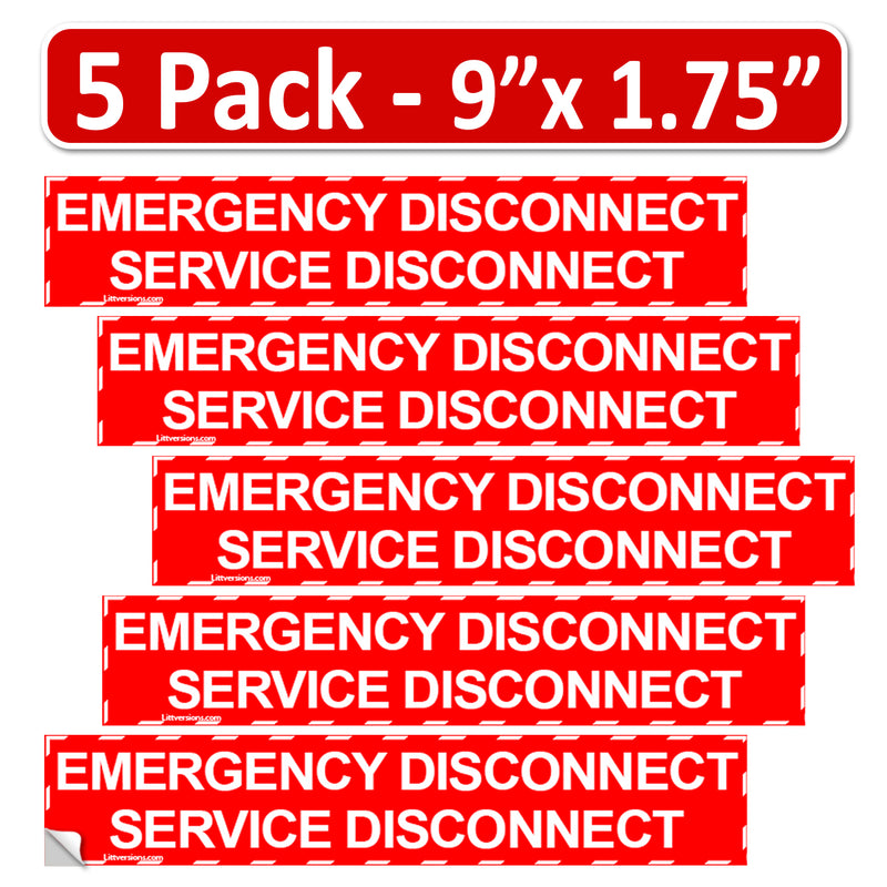 5 Pack 9"x 1-3/4" NEC compliant RED Emergency Disconnect Service Outdoor Laminated Labels Decal Sign Notice Danger Sticker Panel Heavy Duty Vinyl Waterproof Ultra Durable Electrical