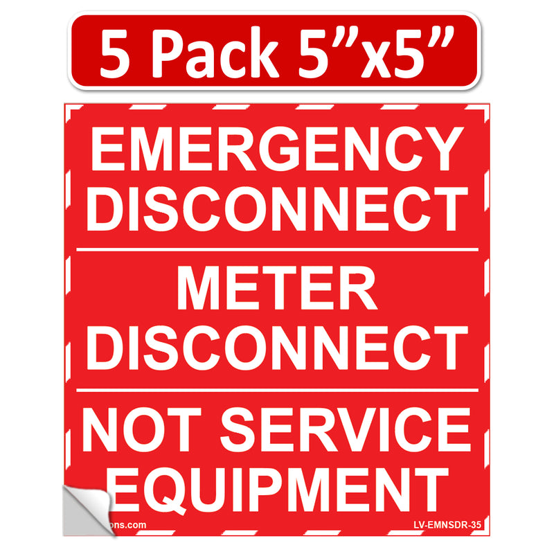 5 Pack 5"x 3.5" NEC Compliant RED Emergency Meter Disconnect NOT Service Equipment Outdoor Laminated Labels Sticker Panel Heavy Duty Vinyl Waterproof Ultra Durable Electrical