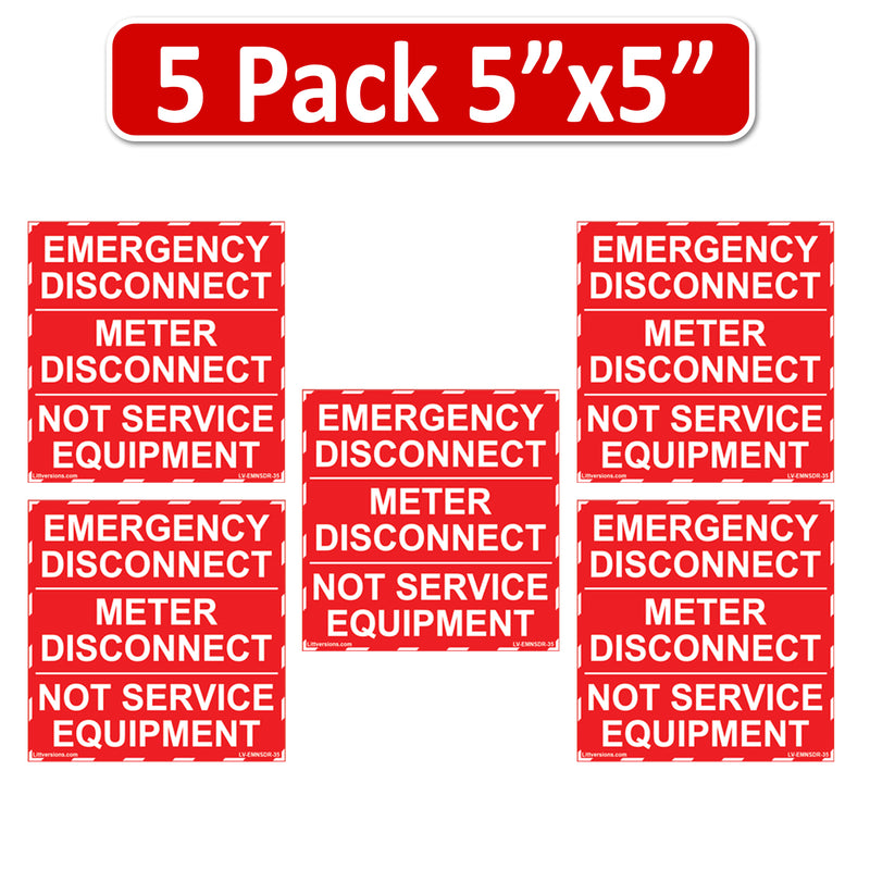 5 Pack 5"x 3.5" NEC Compliant RED Emergency Meter Disconnect NOT Service Equipment Outdoor Laminated Labels Sticker Panel Heavy Duty Vinyl Waterproof Ultra Durable Electrical