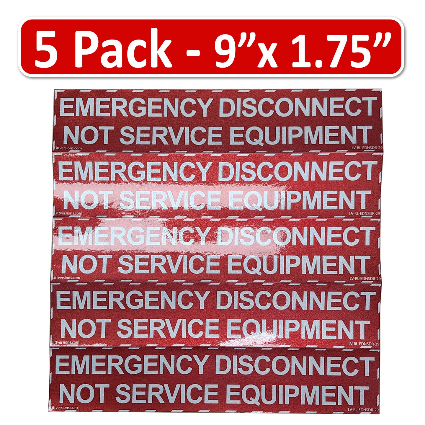 Littversions 5 Pack Reflective 9" x 1-3/4" NEC Compliant Emergency Disconnect NOT Service Equipment Outdoor Laminated Labels Sticker Electrical Panel Danger Heavy Duty Vinyl Waterproof