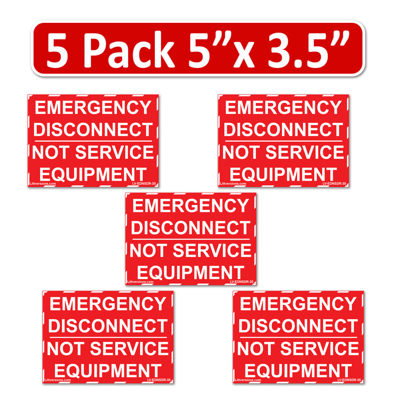 5 Pack 5"x 3.5" NEC compliant RED Emergency Disconnect NOT Service Equipment Outdoor Laminated Labels Danger Sticker Panel Heavy Duty Vinyl Waterproof Ultra Durable Electrical