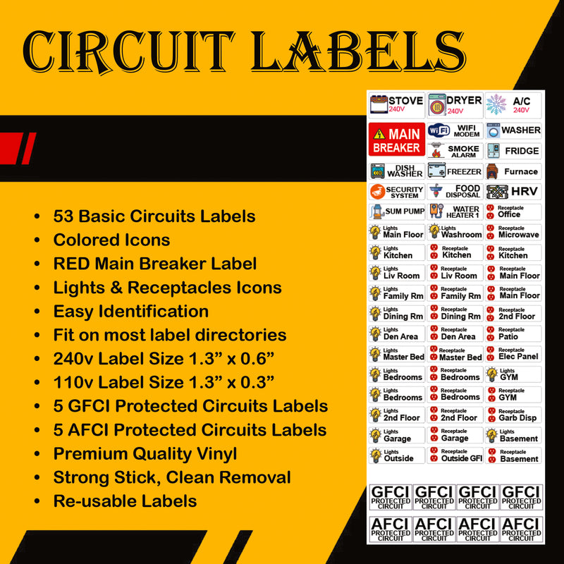 English/Spanish/French Universal Panel Marker Kit with Colored Icons for Electrical 60 Circuit Fuse Panel Directory Labels Stickers OSHA Kids Warning Danger Caution Strong Adhesive Household Vinyl Waterproof