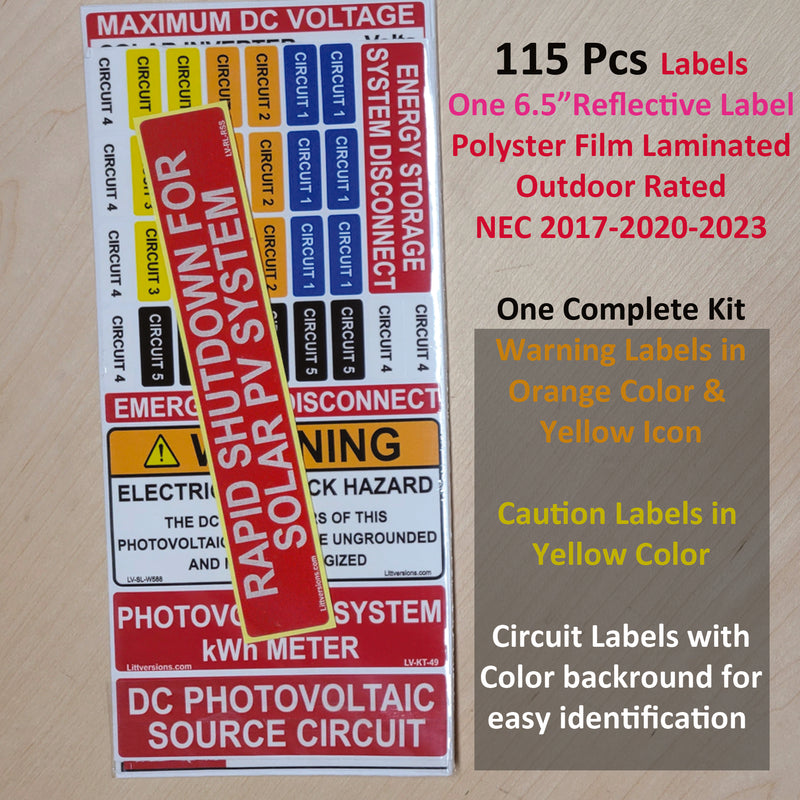 Ultimate 115 pack 2017/2020/2023 NEC Code Compliant Photovoltaic Solar System Label Kit Electrical Panel Safety Stickers Outdoor Rated Laminated Strong Adhesive Durable Waterproof