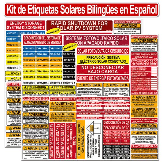Bilingual Ultimate 2017/2020/2023 NEC Code Compliant Photovoltaic Solar System Label Kit Electrical Panel Safety Stickers Outdoor Rated Laminated