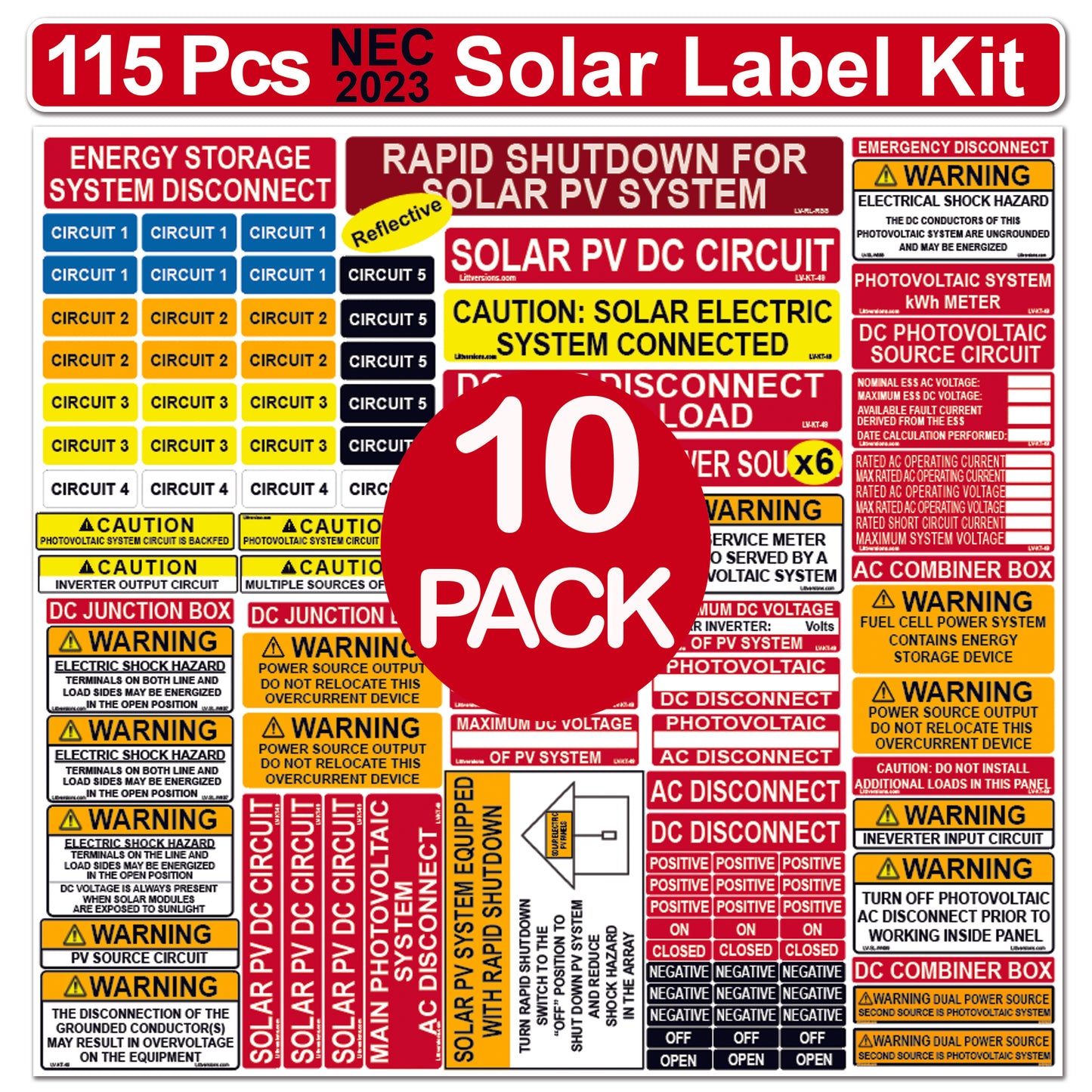 Ultimate 115 pack 2017/2020/2023 NEC Code Compliant Photovoltaic Solar System Label Kit Electrical Panel Safety Stickers Outdoor Rated Laminated Strong Adhesive Durable Waterproof