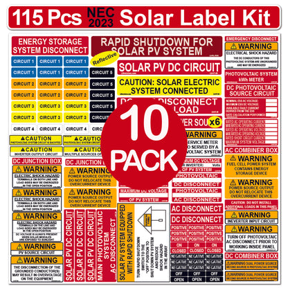 Ultimate 115 pack 2017/2020/2023 NEC Code Compliant Photovoltaic Solar System Label Kit Electrical Panel Safety Stickers Outdoor Rated Laminated Strong Adhesive Durable Waterproof